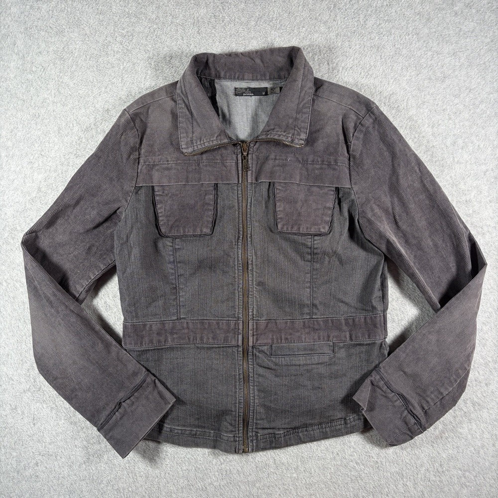 prAna‎ Jacket Women's Medium Gray Denim Pinwale Corduroy Trim Full Zip Pockets